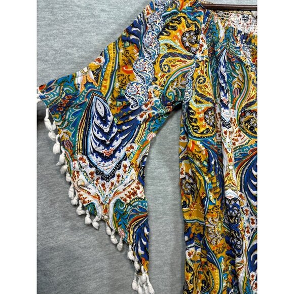 Umgee Womens Colorful Boho Style Blouse‎ Tassels Size L - Picture 2 of 7